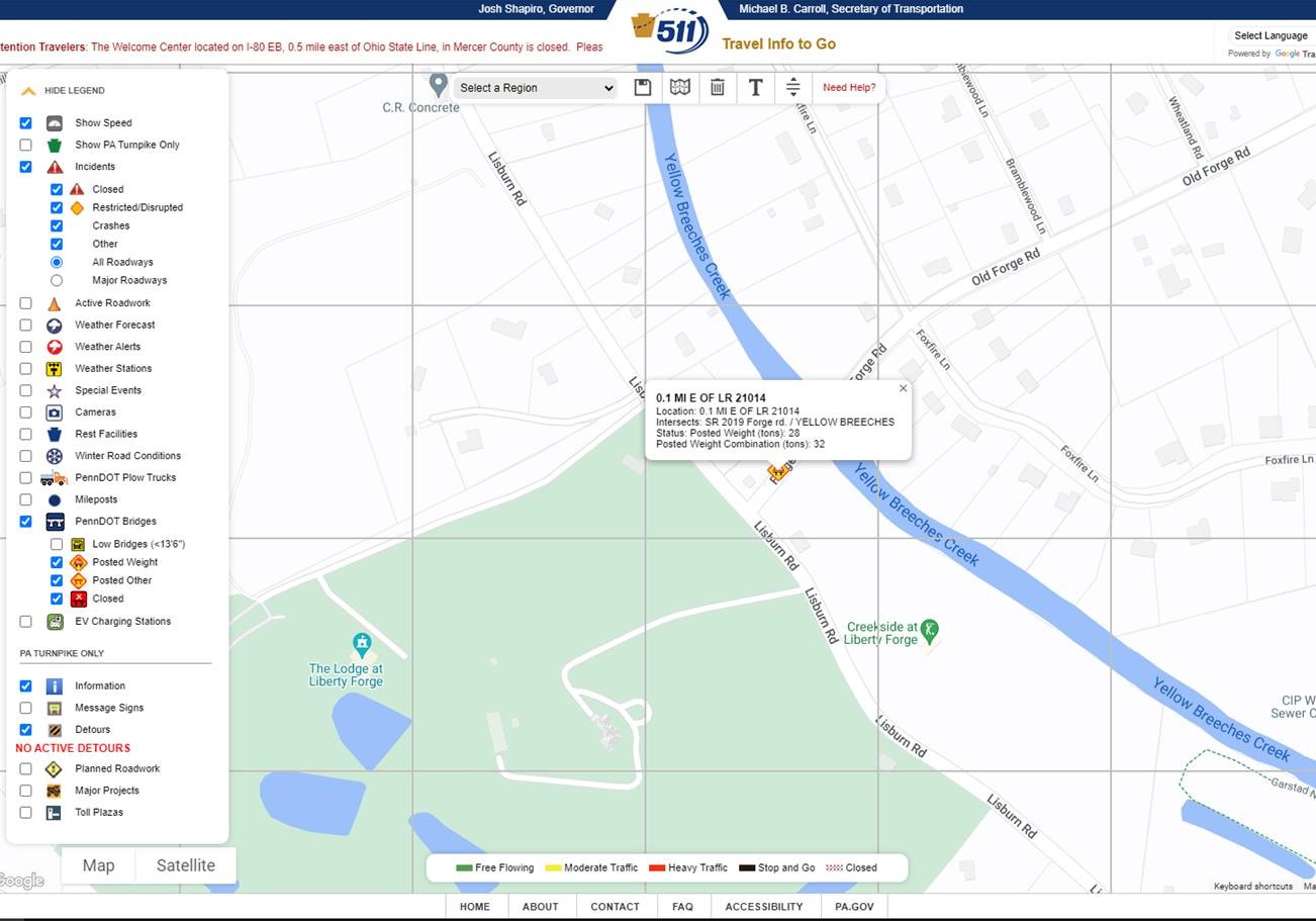 An image of a screen capture from the 511PA site of a specific area on a map where a bridge is located with a popup box showing the bridge coordinates and its height and weight 